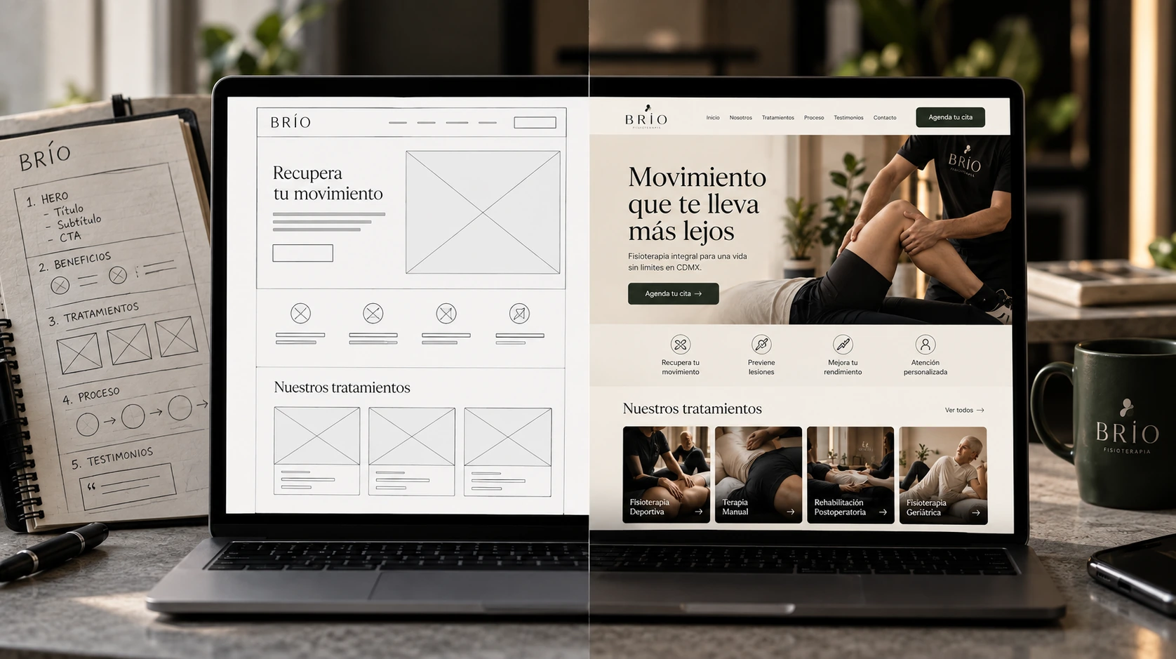 Wireframes responsivos para una página de servicios