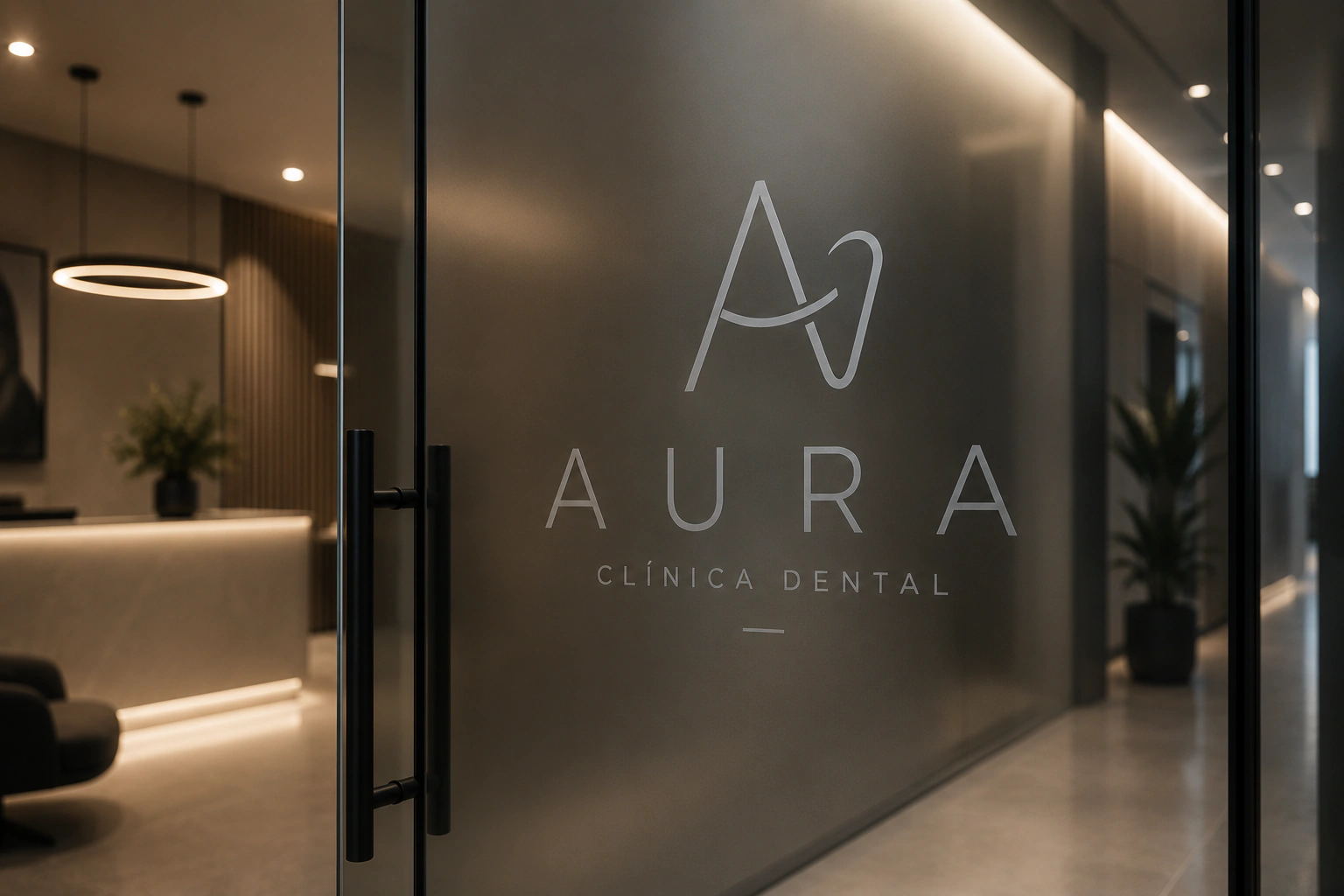 Puerta de cristal con logo Aura