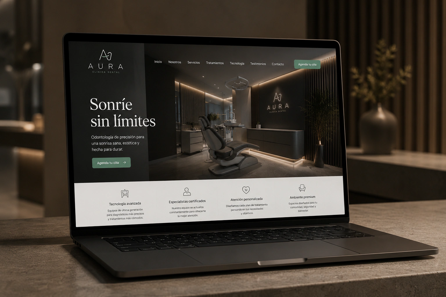 Sitio web de Aura en laptop